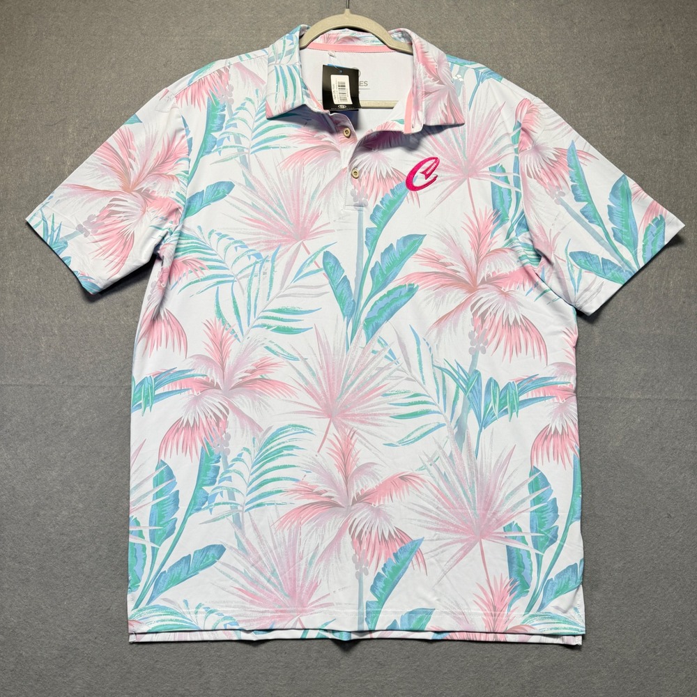 Scales Palm City Polo Mens‎ Large Tropical Palm Print Performance Golf Shirt NEW